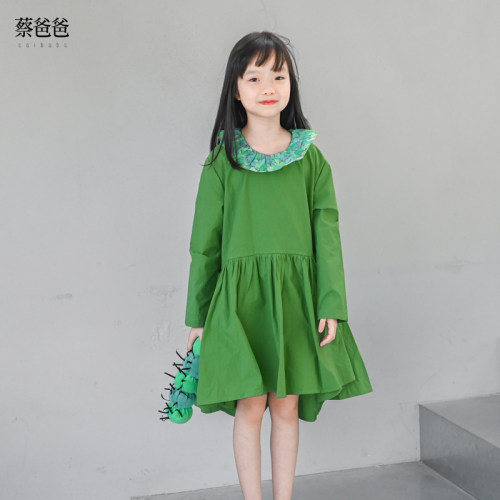 女连衣裙春秋全棉绿色长袖连衣裙