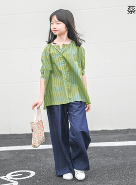 蔡爸爸童装短袖衬衫女童2026新款夏装休闲风绿色条纹上衣736+269