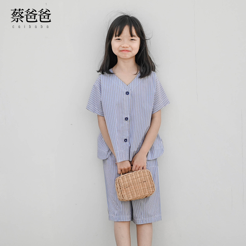 蔡爸爸童装 2025夏款套装文艺男女儿童套装 条纹短袖V领上衣900