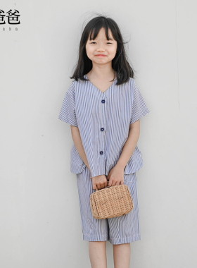 蔡爸爸童装 2026夏款套装文艺男女儿童套装 条纹短袖V领上衣900
