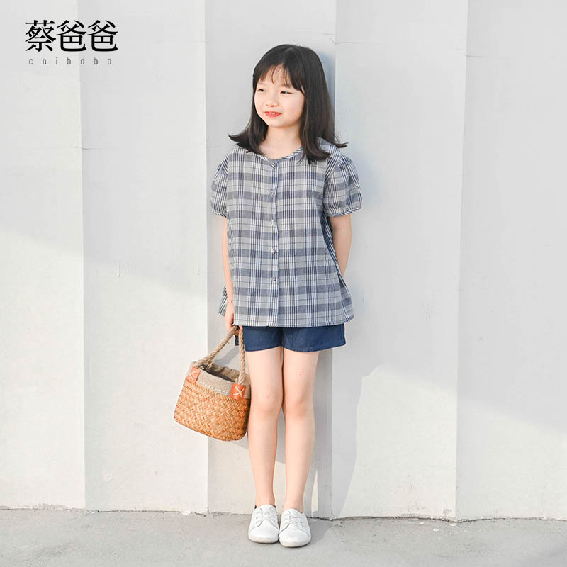 全棉夏季圆领短袖上衣格子衬衫