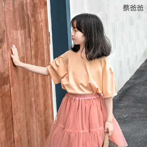 夏装粉色t恤女童圆领宽松上衣