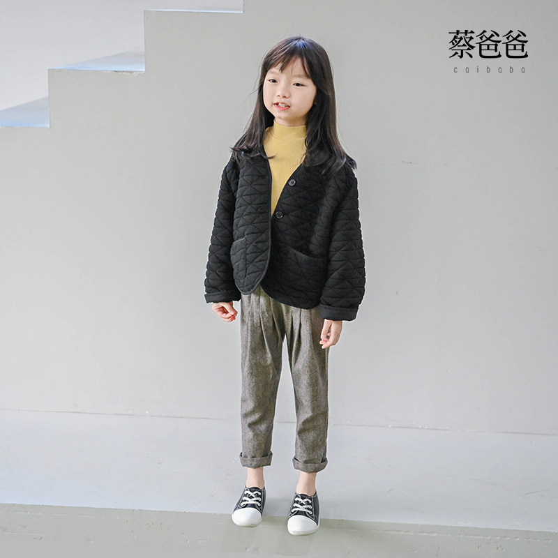 蔡爸爸童装2026冬季黑色V领外套夹棉服女童百搭外套文艺中童1152