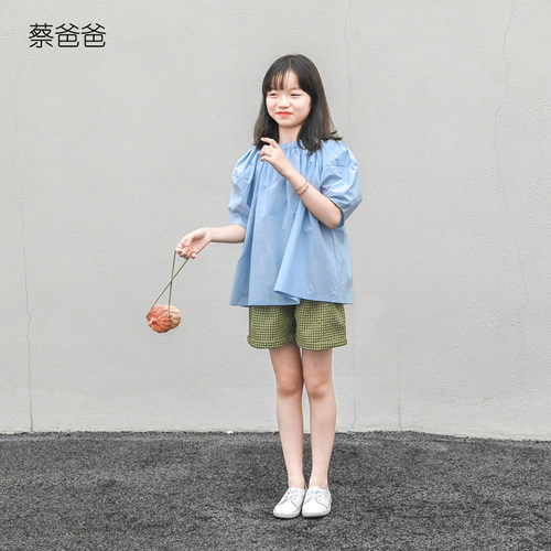 夏装浅蓝色宽松上衣松紧领纯棉