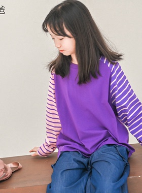 蔡爸爸童装新款文艺春装大童紫色长袖撞色百搭条纹t恤837+871+933