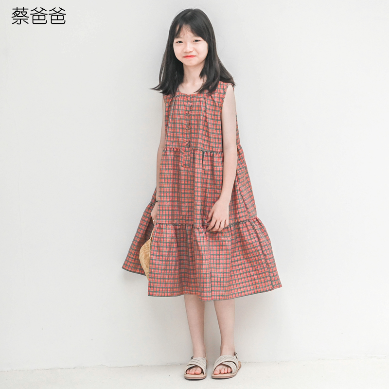 蔡爸爸童装女连衣裙新款夏季小个子女装全棉格子背心裙子大童258