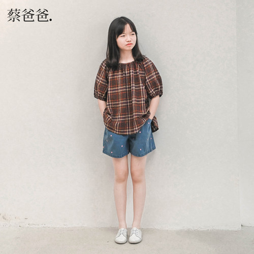 咖色大格子上衣夏装女童t恤