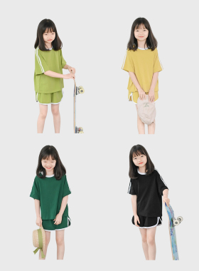 蔡爸爸童装 2026新款夏装儿童绿色短袖套装 男女童休闲2件服装726