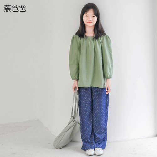 女童蓝色波点长裤秋装百搭阔腿裤