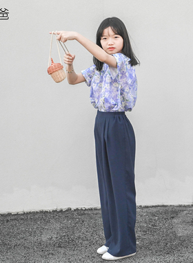 蔡爸爸童装新款全棉夏装 女大童母女装紫色圆领碎花上衣服530+177