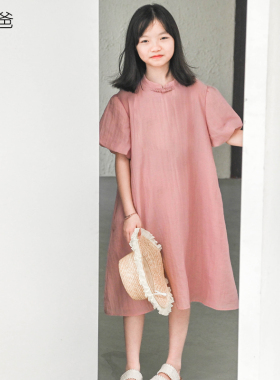 蔡爸爸原创童装旅行裙子 女童夏装中式旗袍粉色天丝锦连衣裙692