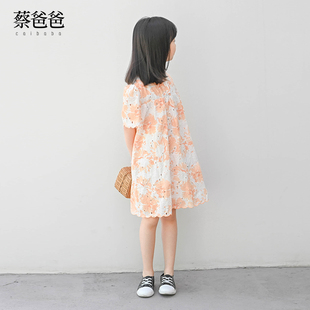 蔡爸爸童装气质洋气夏款裙女中大童短袖连衣裙纯棉刺绣公主裙917