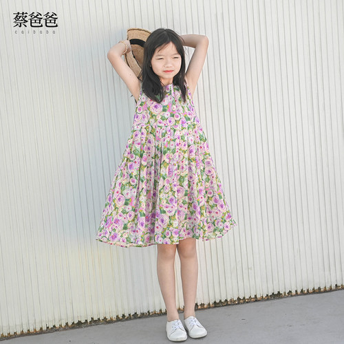 蔡爸爸童装新款夏装碎花连衣裙 女大童母女装紫色背心裙度假风960