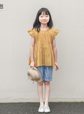 夏圆领女大童透气黄色衬衣