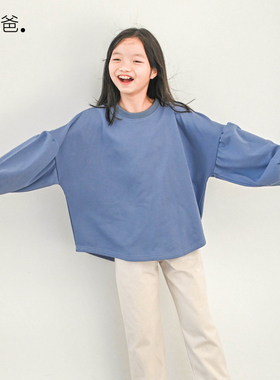 蔡爸爸童装文艺春秋装宽松卫衣女大童砖红色圆领卫衣蓝1162+1335