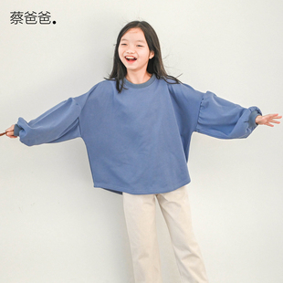 蔡爸爸童装文艺春秋装宽松卫衣女大童砖红色圆领卫衣蓝1162+1335