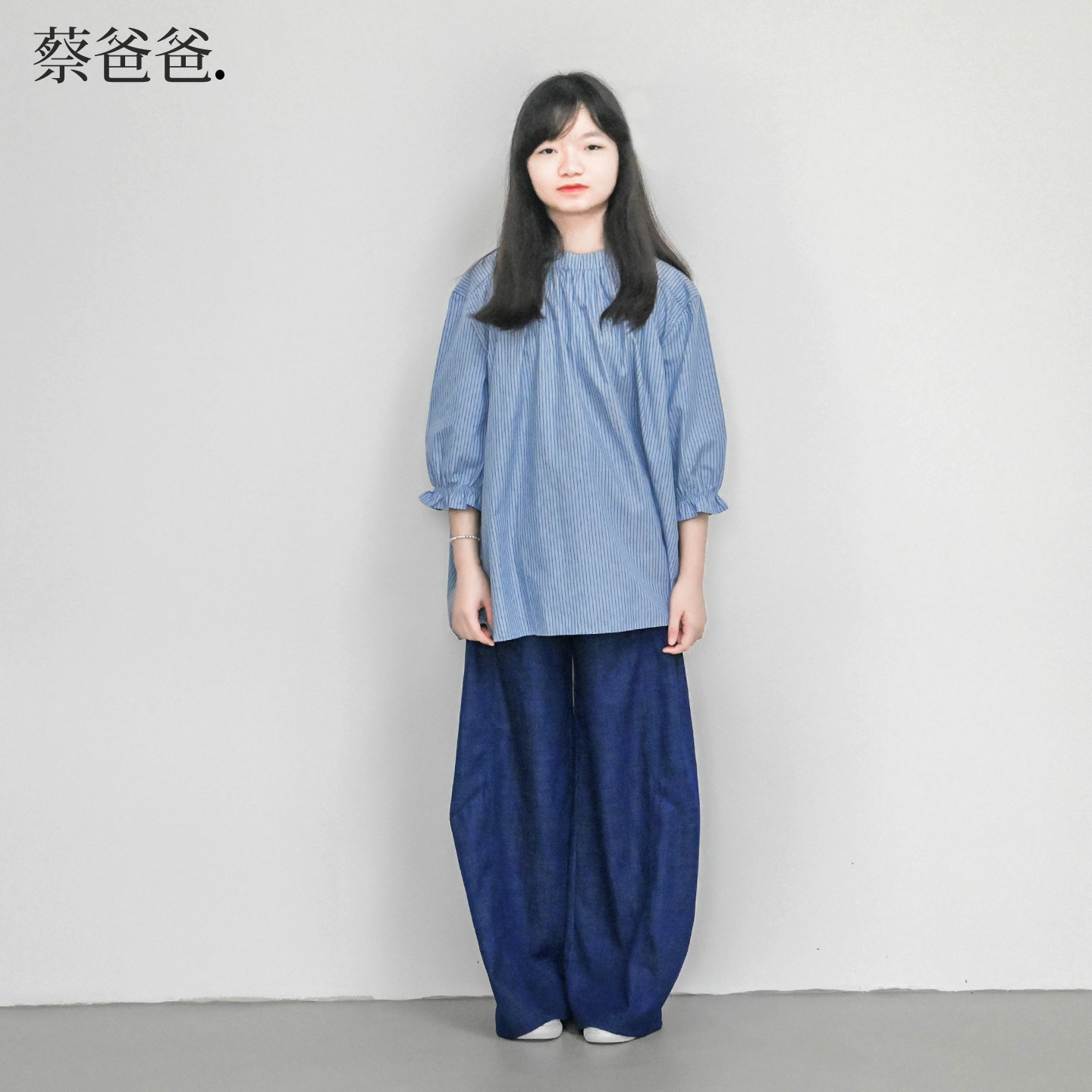 蔡爸爸原创童装新款小个子女孩春秋装中袖蓝色条纹上衣服217+839