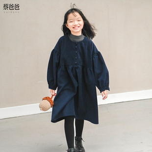 蔡爸爸女童装时尚秋冬装圆领厚裙子初高中生深蓝色宽松连衣裙1251