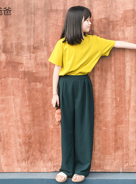 蔡爸爸新款夏装 中大童女孩洋气时髦绿色防晒防蚊阔腿长裤226+177