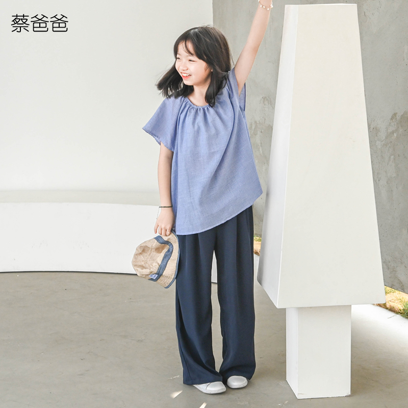 蔡爸爸原创童装薄款夏装纯棉后领系带衣服女大童蓝色上衣296+177