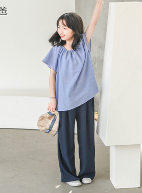 蔡爸爸原创童装薄款夏装纯棉后领系带衣服女大童蓝色上衣296+177