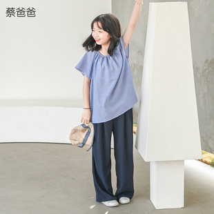 蔡爸爸原创童装 夏装 纯棉后领系带衣服女大童蓝色上衣296 177 薄款