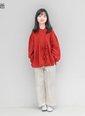 蔡爸爸原创童装新款文艺春秋装大童红色长袖衣服少女衬衣209+715