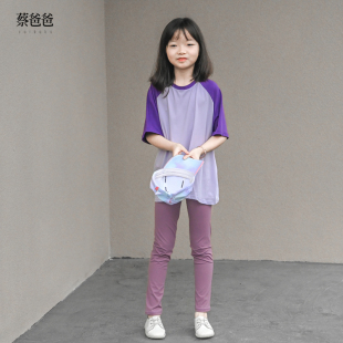 蔡爸爸童装26新款小个子女装t恤夏装女童插肩衣服紫色上衣112+138
