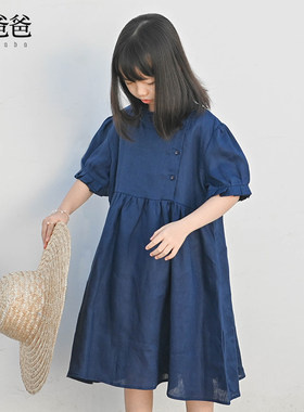 女童连衣裙夏季纯亚麻藏蓝连衣裙