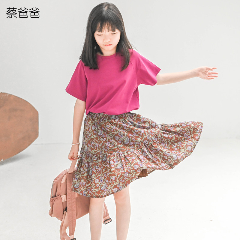 蔡爸爸童装好看百搭上衣新款夏季亲子装玫红短袖t恤女童801+380