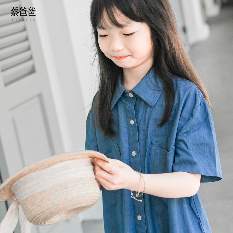 女连衣裙夏纯棉浅蓝短袖衬衫裙
