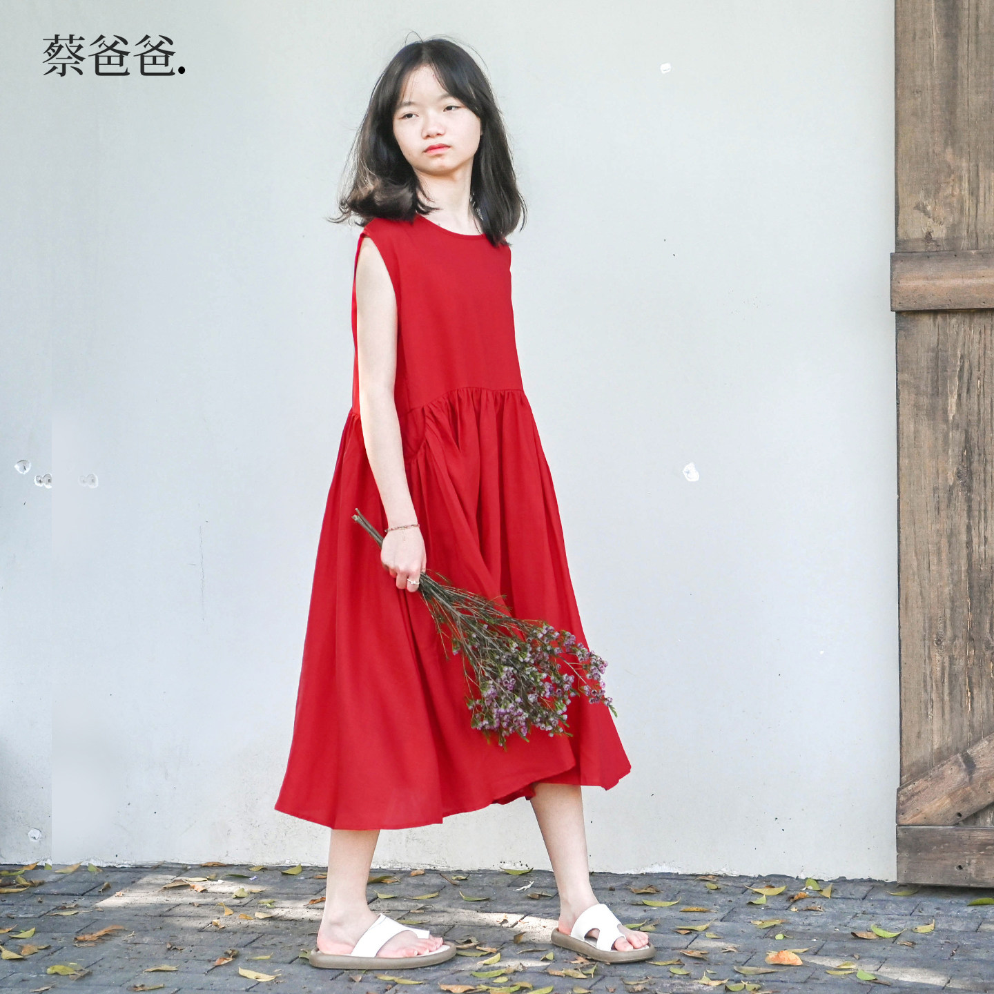 蔡爸爸原创童装度假风裙子2026款夏装女中大童红色公主连衣裙761