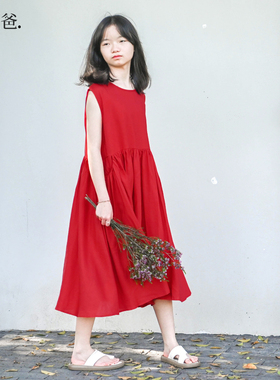 蔡爸爸原创童装度假风裙子2026款夏装女中大童红色公主连衣裙761
