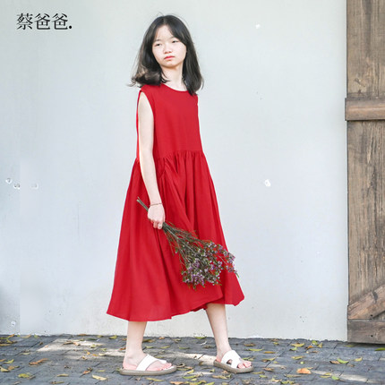 蔡爸爸原创童装度假风裙子2026款夏装女中大童红色公主连衣裙761