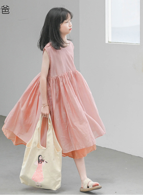 蔡爸爸童装撞色原创设计粉色背心连衣裙 天蚕丝女童裙夏薄款769