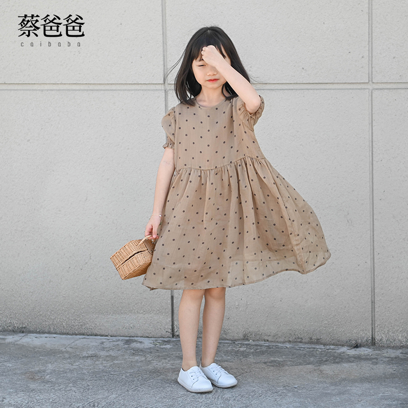 夏装文艺女童洋气连衣裙苎麻圆点
