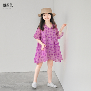 蔡爸爸童装 纯苎麻印花裙紫色v领女童连衣裙子021 小个子女装 夏款