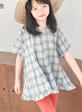 蔡爸爸原创儿童装新款夏季少女格子衣服全棉短袖宽松上衣270+933