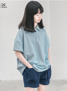 蔡爸爸童装新款夏装女大童翻领短袖t恤衫蓝色休闲POLO上衣357+717