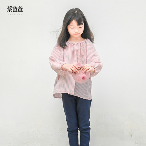 春秋松紧领时尚粉色条纹长袖上衣