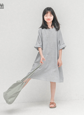 蔡爸爸童装2026新款春装小个子女装浅蓝条纹连衣裙七分袖袍子636