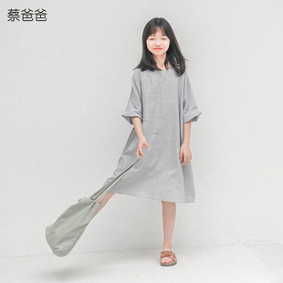 蔡爸爸童装2026新款秋装小个子女装浅蓝条纹连衣裙七分袖袍子636