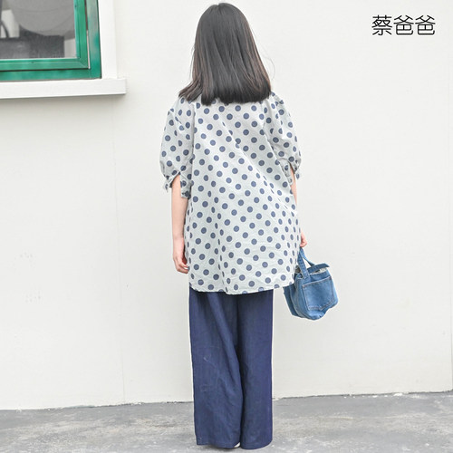 灰绿圆点女童夏装五分袖宽松上衣