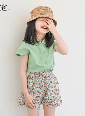 蔡爸爸童装 小清新夏装上衣 女童纯棉衬衣 绿色短袖衬衫 075+220