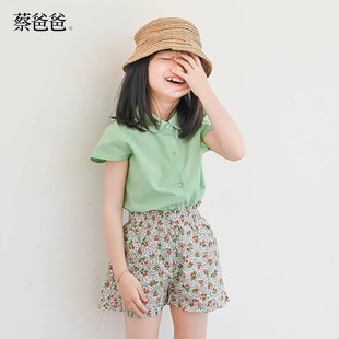 女童纯棉衬衣 上衣 小清新夏装 220 衬衫 075 绿色短袖 蔡爸爸童装