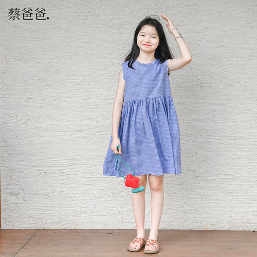 蓝格子文艺背心裙休闲连衣裙子