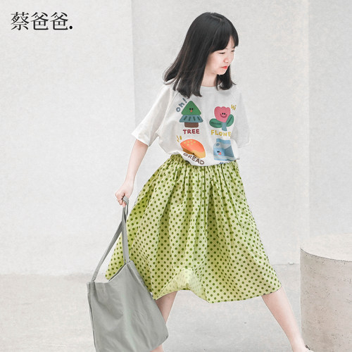 夏季女装纯棉小圆点绿色半身裙