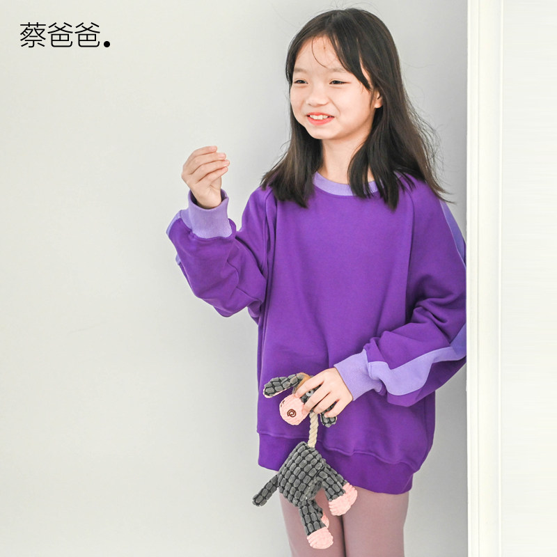 蔡爸爸童装时尚加绒卫衣秋冬装女大童宽松紫色拼色上衣1215+1321