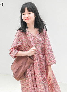蔡爸爸童装女童七分袖连衣裙2026新款春夏度假风全棉碎花裙子239