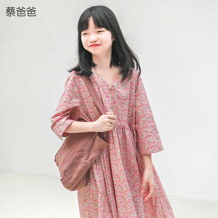 蔡爸爸童装女童七分袖连衣裙2026新款夏度假风全棉碎花裙子秋239